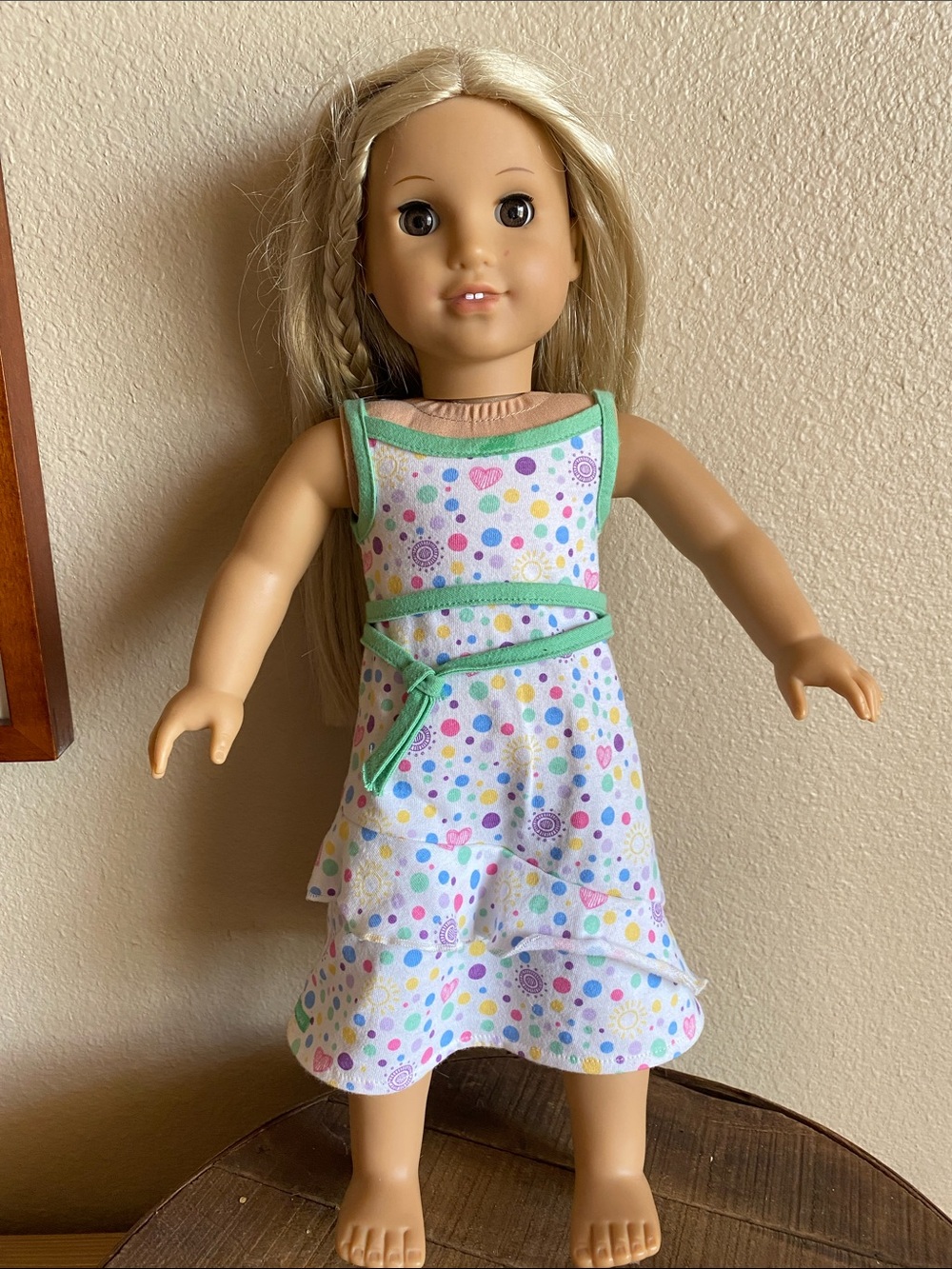 American Girl Blonde Doll in White Polka Dot Dress with Mint Trim